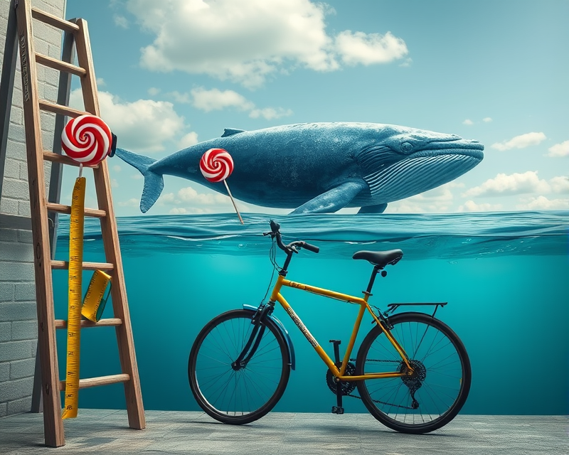 ladder, tape measure, whale, lollipop, bicycle